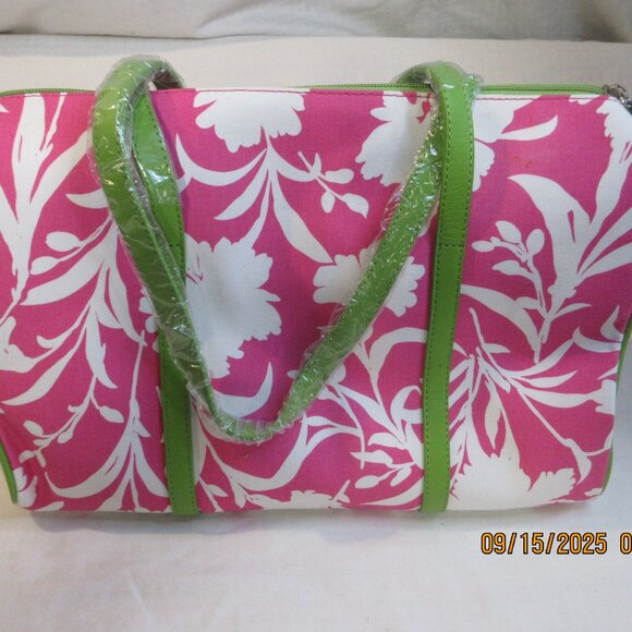 PUTU BY J MACLEAR PINK WHITE FLORAL & GREEN STAPS & LINING BAG~ - Picture 4 of 12